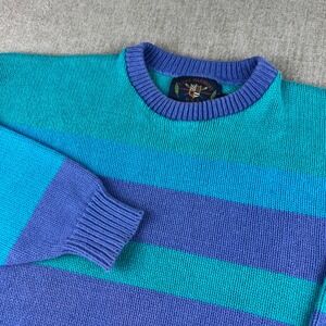 Vintage Lake Harmony Striped Sweater Mens Large Blue Teal Purple 90s Cotton Knit